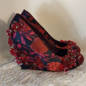 Tory Birch "Elvira" Floral Satin Wedge Shoes